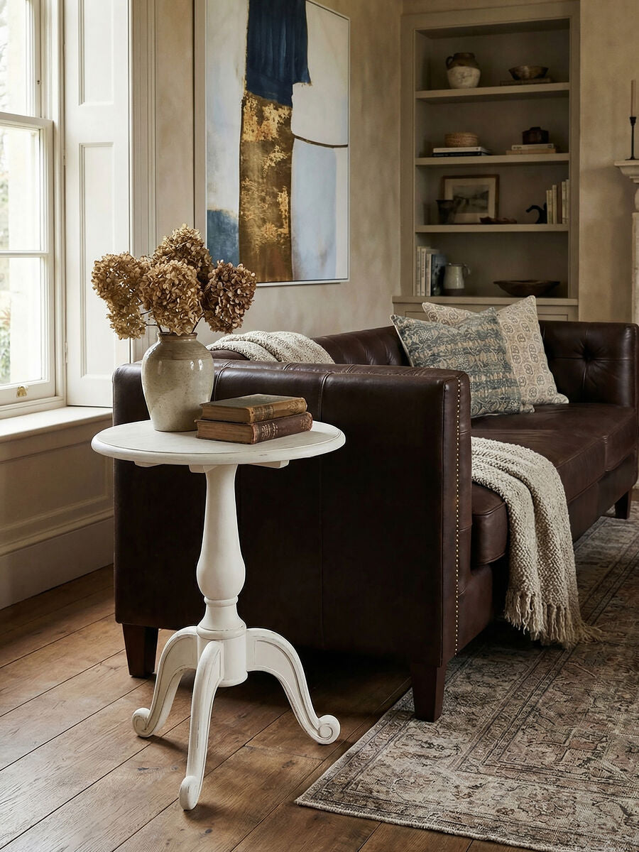Orsina Loire Round White Pedestal Table – Weathered Bayur Wood