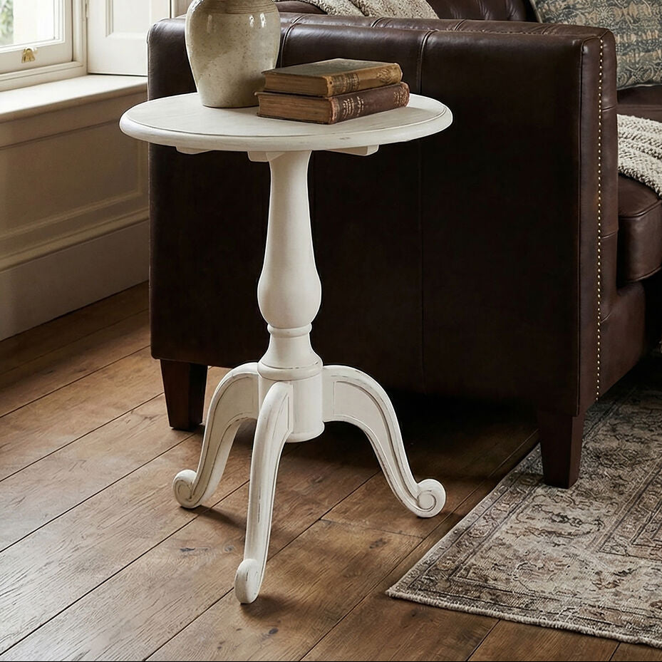 Orsina Loire Round White Pedestal Table – Weathered Bayur Wood