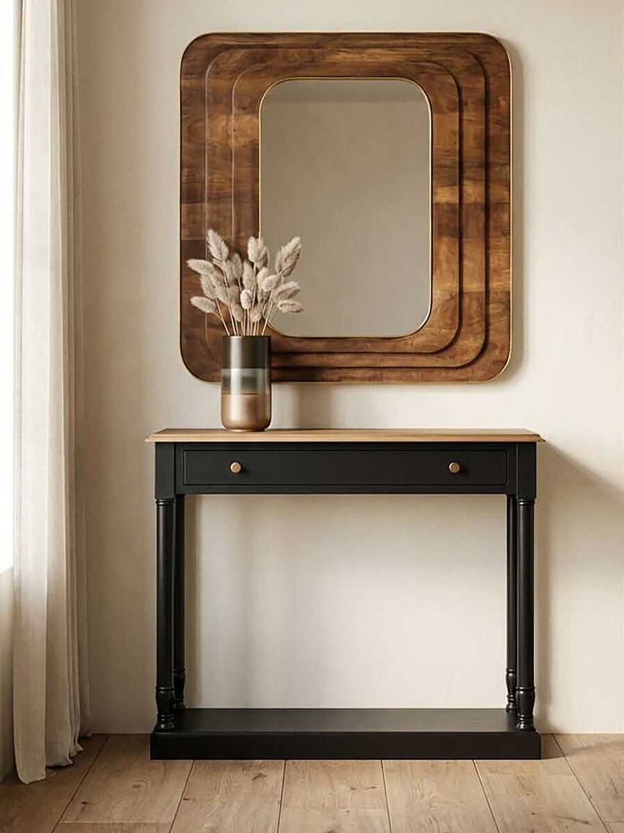 Orsina Loire Black Console Table | Natural Wood Top & Brass Handles