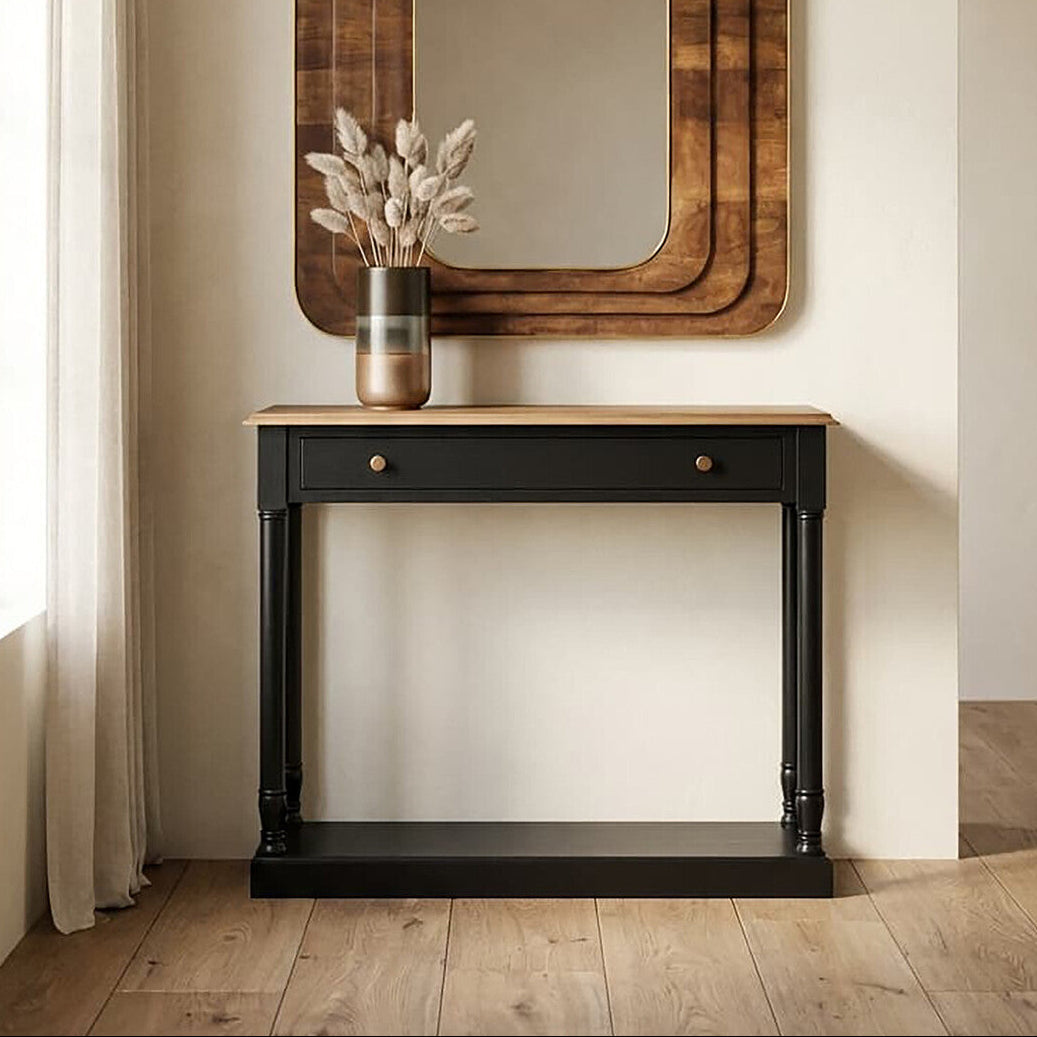 Orsina Loire Black Console Table | Natural Wood Top & Brass Handles