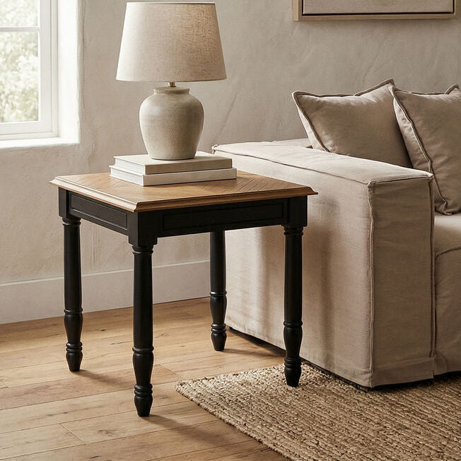 Orsina Loire Side Table – Black Carved Bayur Wood Nightstand