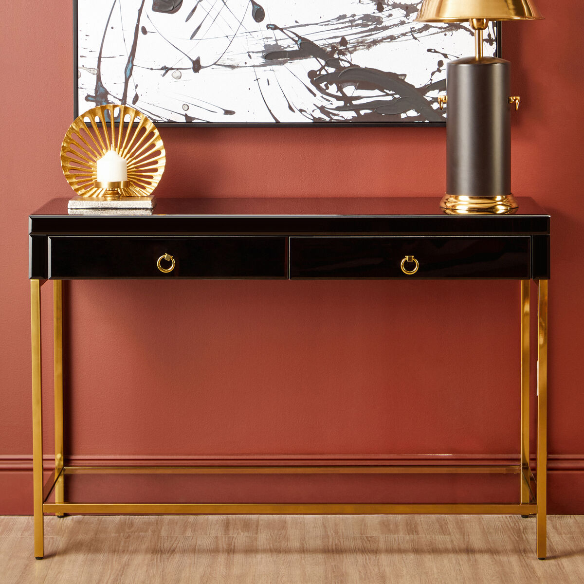 Orsina Black Console Table – 2-Drawer Gold Metal Frame with Mirror