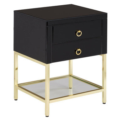 Orsina Black Gloss 2-Drawer Side Table with Gold Frame and Mirror Top