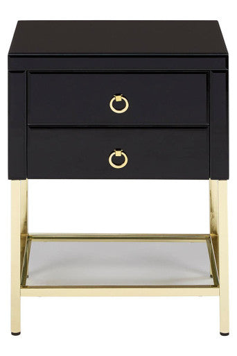 Orsina Black Gloss 2-Drawer Side Table with Gold Frame and Mirror Top