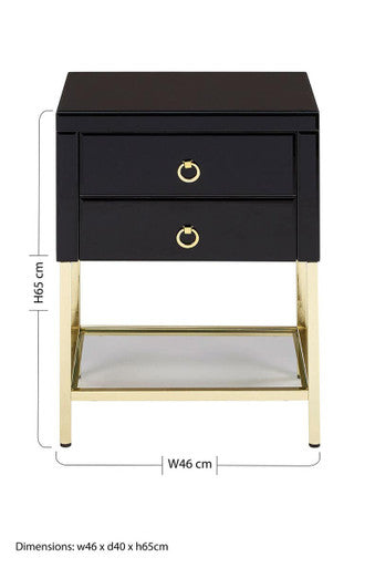 Orsina Black Gloss 2-Drawer Side Table with Gold Frame and Mirror Top