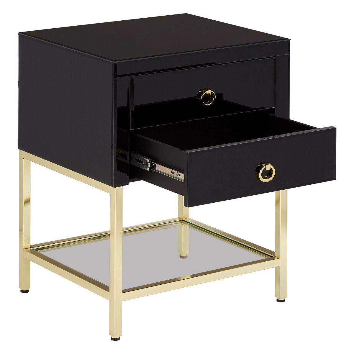 Orsina Black Gloss 2-Drawer Side Table with Gold Frame and Mirror Top