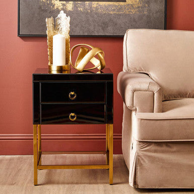 Orsina Black Gloss 2-Drawer Side Table with Gold Frame and Mirror Top