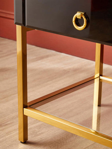 Orsina Black Gloss 2-Drawer Side Table with Gold Frame and Mirror Top