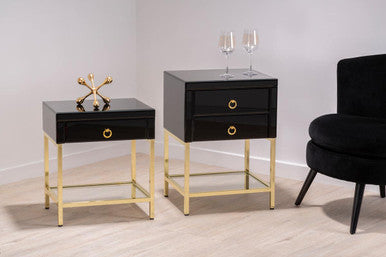 Orsina Black Gloss 2-Drawer Side Table with Gold Frame and Mirror Top
