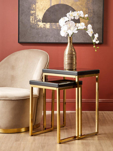 Orsina Black and Gold Nesting Tables – Set of 2 Glossy Wooden Tops