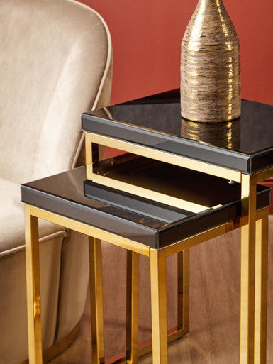 Orsina Black and Gold Nesting Tables – Set of 2 Glossy Wooden Tops