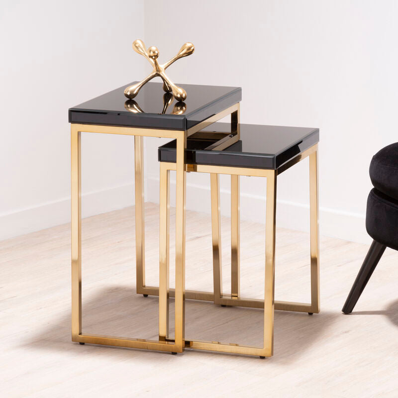 Orsina Black and Gold Nesting Tables – Set of 2 Glossy Wooden Tops