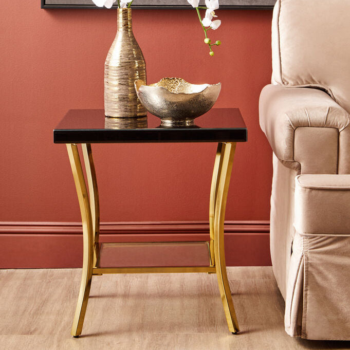 Orsina Black Glass and Gold Side Table – Two-Tier Mirrored End Table