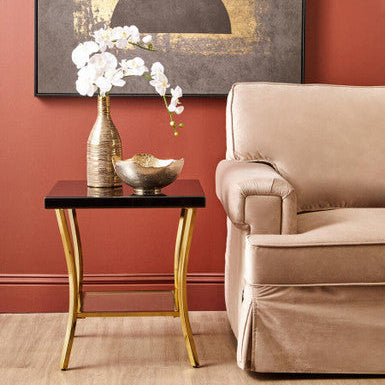 Orsina Black Glass and Gold Side Table – Two-Tier Mirrored End Table