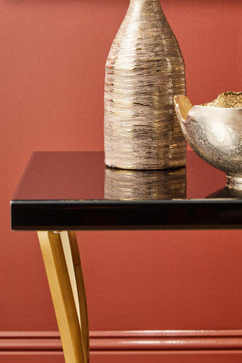 Orsina Black Glass and Gold Side Table – Two-Tier Mirrored End Table