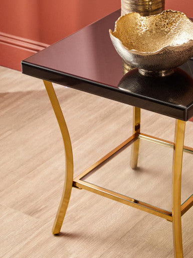 Orsina Black Glass and Gold Side Table – Two-Tier Mirrored End Table