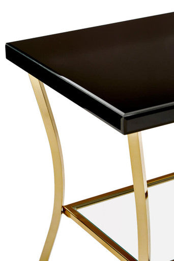 Orsina Black Glass and Gold Side Table – Two-Tier Mirrored End Table