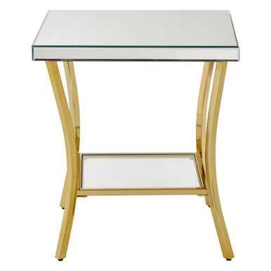 Orsina Mirrored Side Table – 2-Tier Gold Curved Iron Accent Table