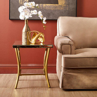 Orsina Mirrored Side Table – 2-Tier Gold Curved Iron Accent Table