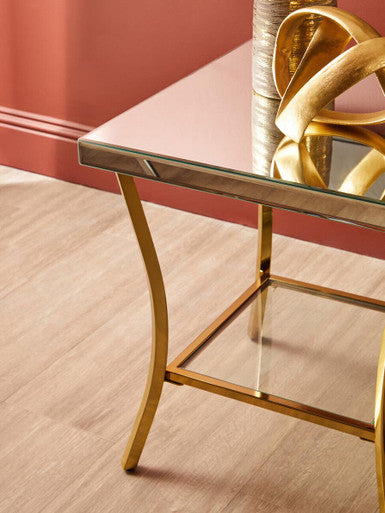 Orsina Mirrored Side Table – 2-Tier Gold Curved Iron Accent Table