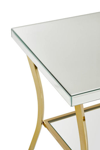 Orsina Mirrored Side Table – 2-Tier Gold Curved Iron Accent Table