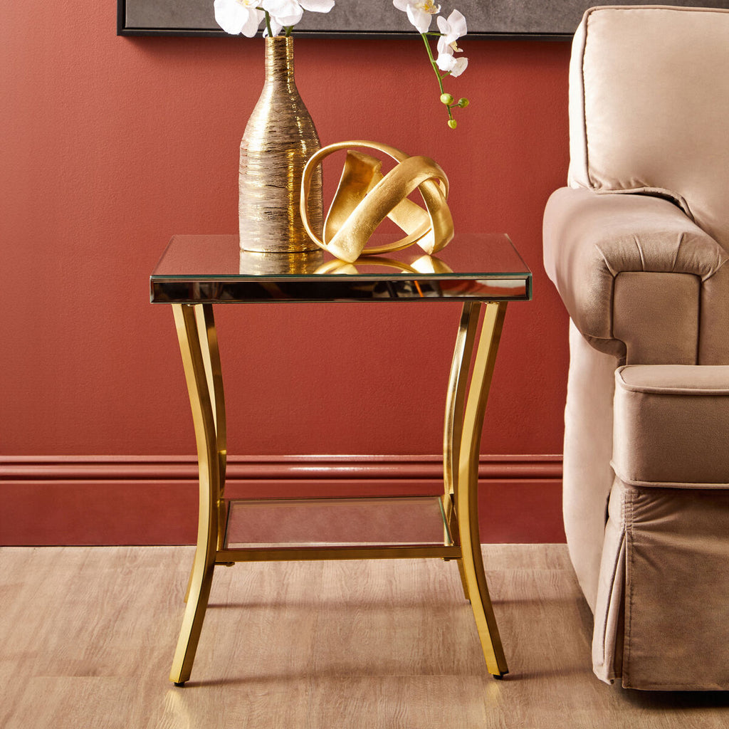 Orsina Mirrored Side Table – 2-Tier Gold Curved Iron Accent Table