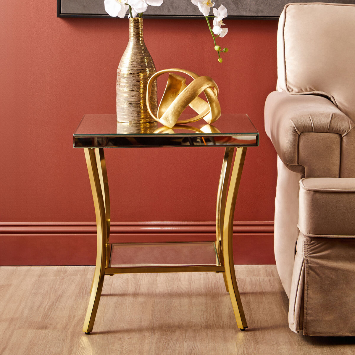 Orsina Mirrored Side Table – 2-Tier Gold Curved Iron Accent Table