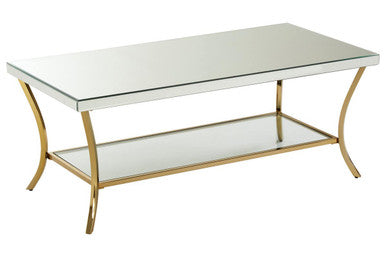 Orsina Mirrored Coffee Table – 2-Tier Silver Glass with Gold Curved Legs