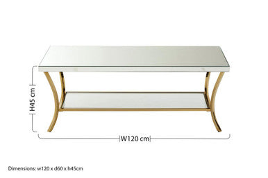 Orsina Mirrored Coffee Table – 2-Tier Silver Glass with Gold Curved Legs