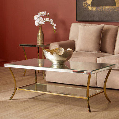 Orsina Mirrored Coffee Table – 2-Tier Silver Glass with Gold Curved Legs