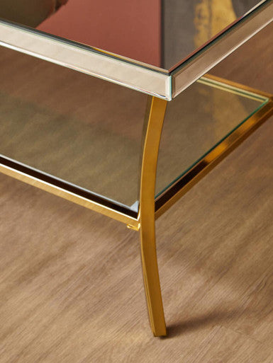 Orsina Mirrored Coffee Table – 2-Tier Silver Glass with Gold Curved Legs