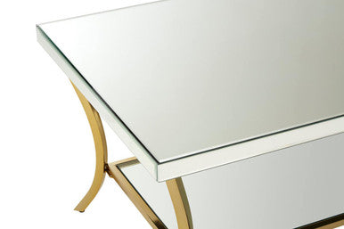 Orsina Mirrored Coffee Table – 2-Tier Silver Glass with Gold Curved Legs