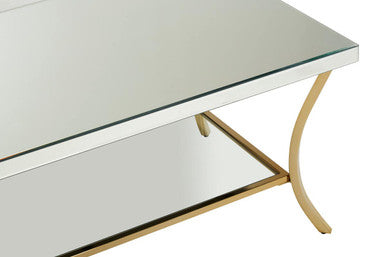Orsina Mirrored Coffee Table – 2-Tier Silver Glass with Gold Curved Legs