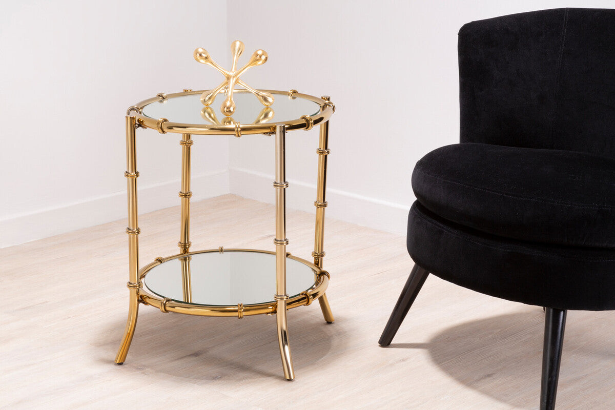 Orsina Gold Bamboo Mirrored Side Table – Two-Tier Round End Table