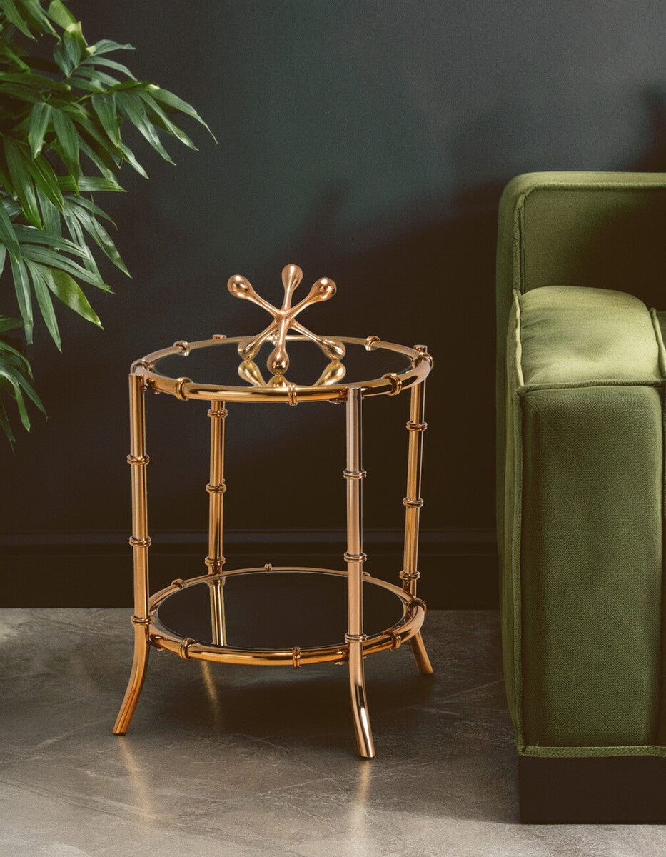 Orsina Gold Bamboo Mirrored Side Table – Two-Tier Round End Table