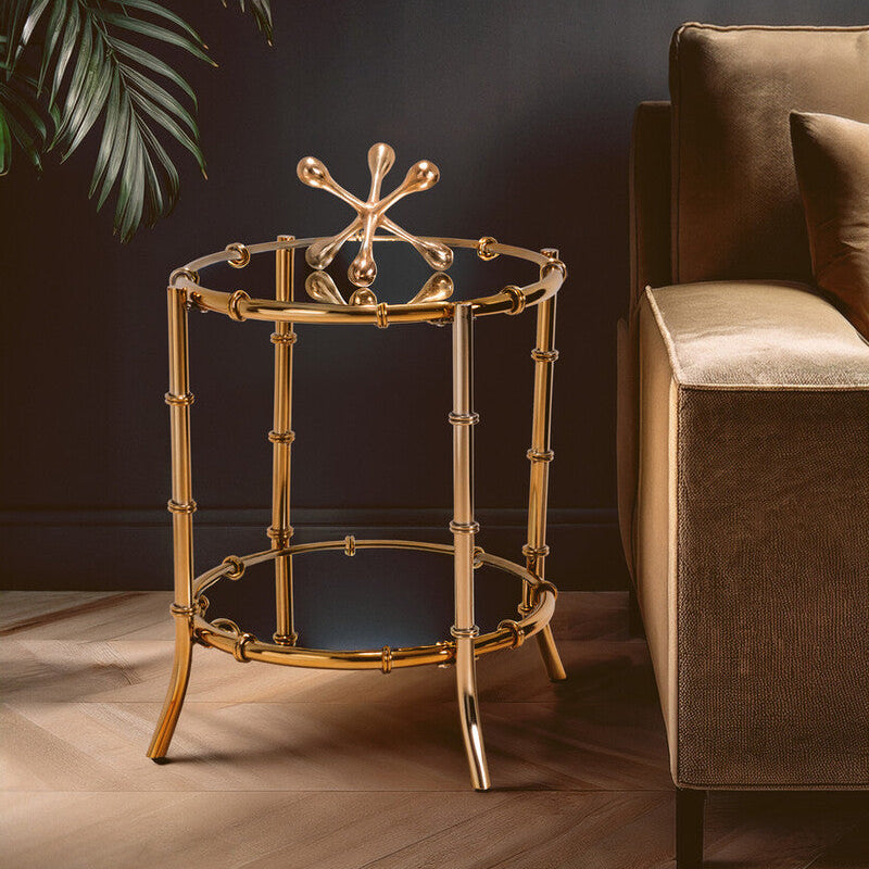 Orsina Gold Bamboo Mirrored Side Table – Two-Tier Round End Table