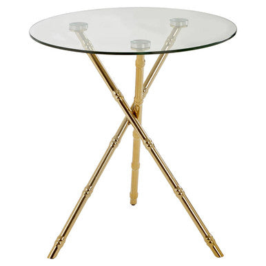Orsina Gold Bamboo Side Table | Round Clear Glass Top Accent Table