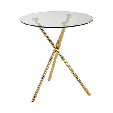 Orsina Gold Bamboo Side Table | Round Clear Glass Top Accent Table