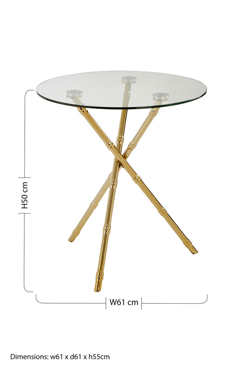 Orsina Gold Bamboo Side Table | Round Clear Glass Top Accent Table