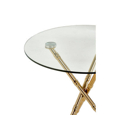 Orsina Gold Bamboo Side Table | Round Clear Glass Top Accent Table