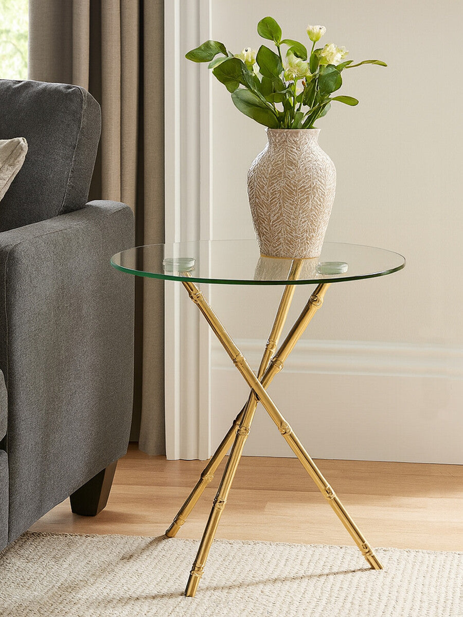 Orsina Gold Bamboo Side Table | Round Clear Glass Top Accent Table