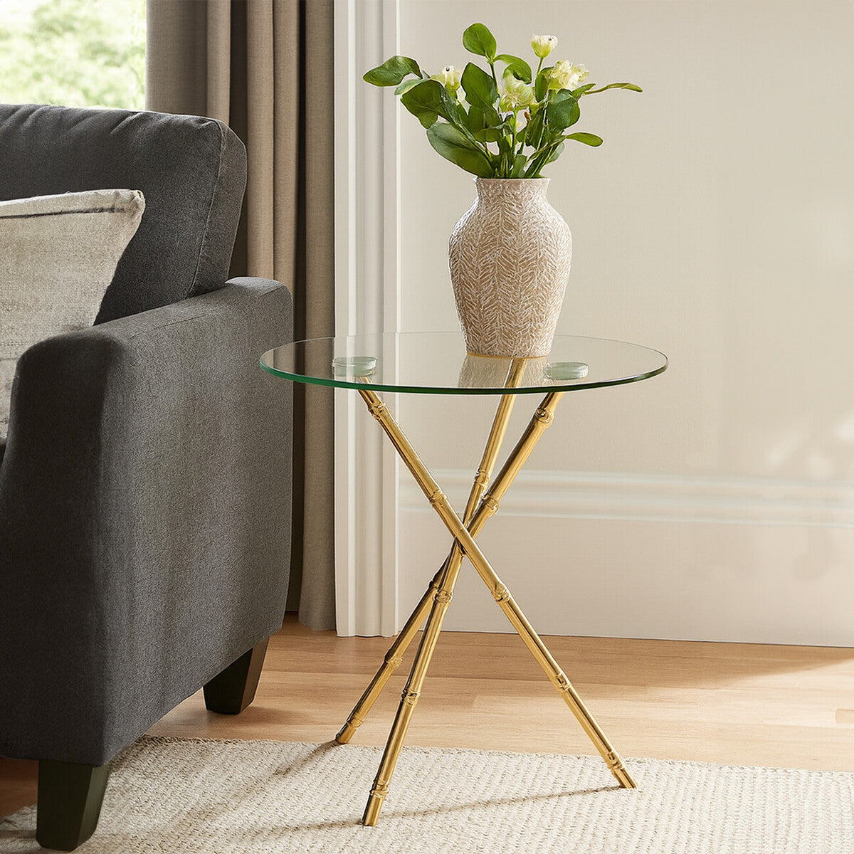 Orsina Gold Bamboo Side Table | Round Clear Glass Top Accent Table
