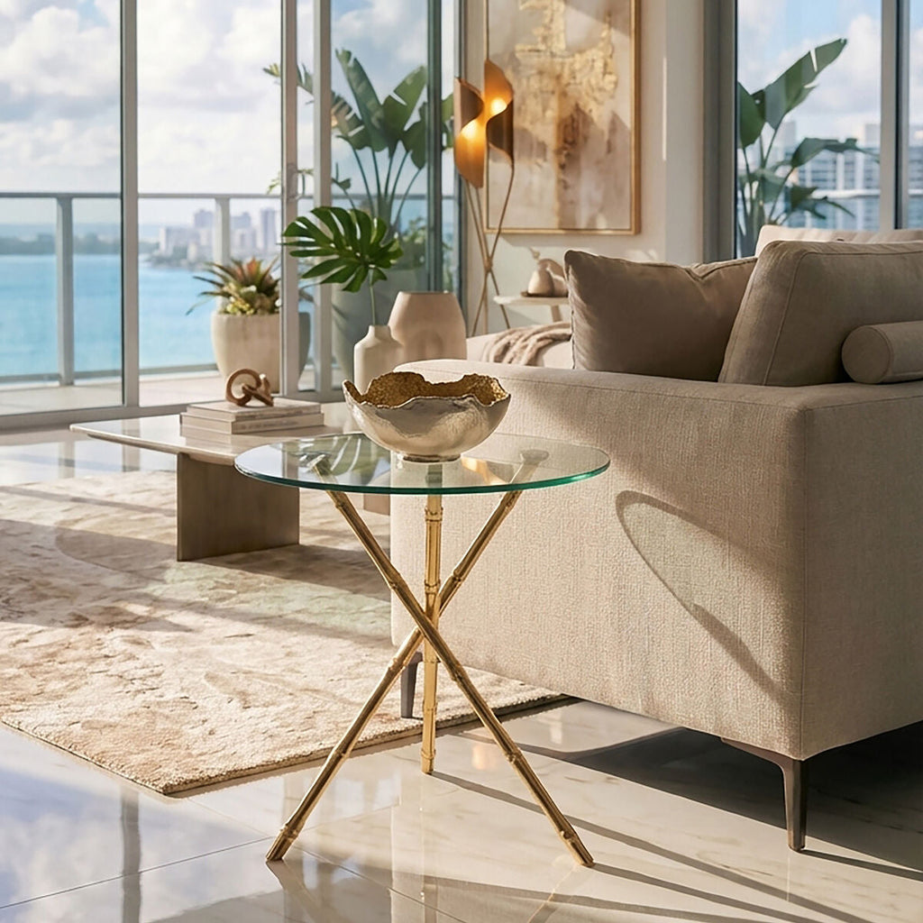 Orsina Gold Bamboo Side Table | Round Clear Glass Top Accent Table