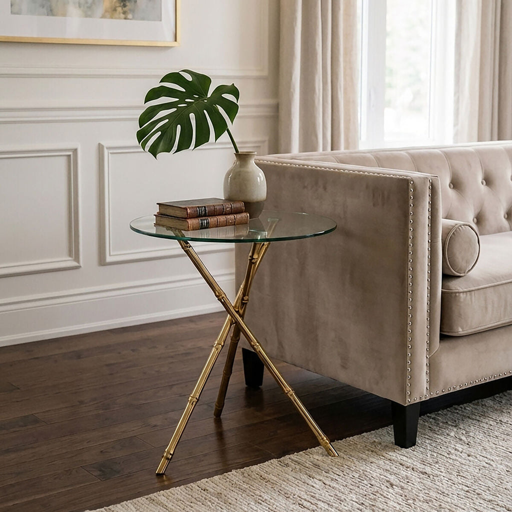 Orsina Gold Bamboo Side Table | Round Clear Glass Top Accent Table