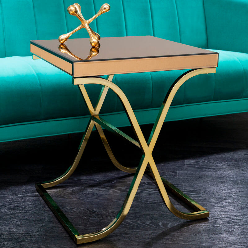 Orsina Square Mirrored Glass Side Table – Gold X-Base End Table