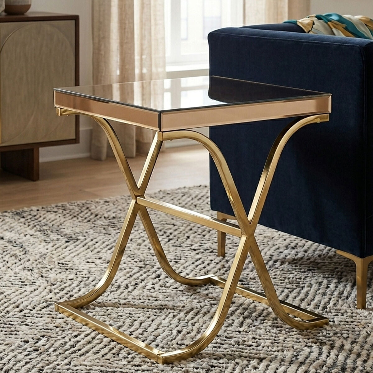 Orsina Square Mirrored Glass Side Table – Gold X-Base End Table