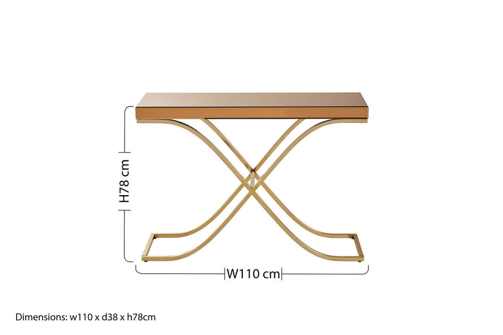 Orsina Kensington Townhouse Brown Glass Console Table | Gold Iron Frame