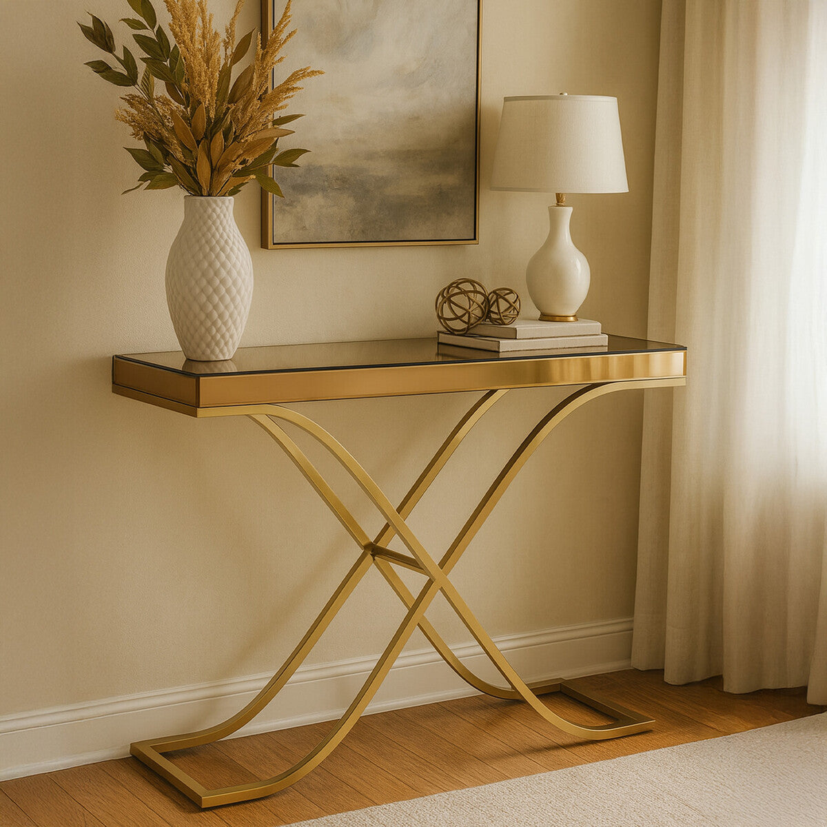Orsina Kensington Townhouse Brown Glass Console Table | Gold Iron Frame