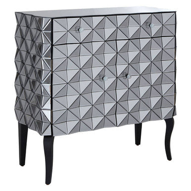 Orsina Soho Mirrored Accent Cabinet – Silver Geometric 2-Door Storage