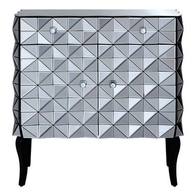 Orsina Soho Mirrored Accent Cabinet – Silver Geometric 2-Door Storage